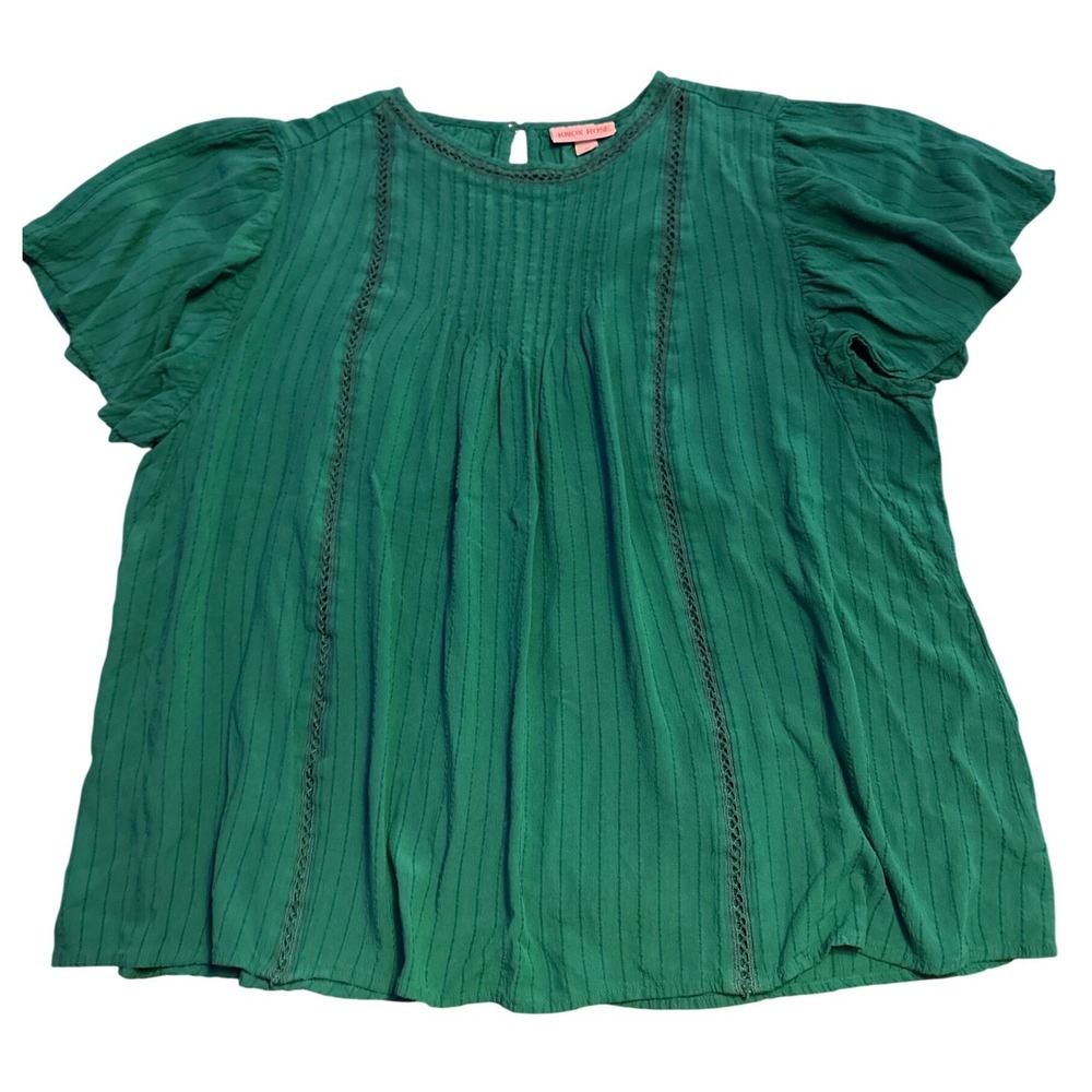 Knox Rose Green Pintuck Crochet Trim Flutter Sleeve Boho Blouse Top XL